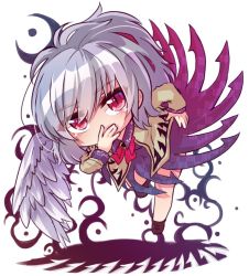 Rule 34 | 1girl, angel wings, beige jacket, bent over, blush, boots, bow, bowtie, braid, breasts, brown footwear, collared dress, commentary request, dress, feathered wings, french braid, full body, hand on own hip, hand on own face, kishin sagume, long sleeves, looking at viewer, medium breasts, purple dress, red bow, red bowtie, red eyes, short hair, silver hair, simple background, single wing, slit pupils, solo, thighs, touhou, unime seaflower, white background, wing collar, wings, ||/