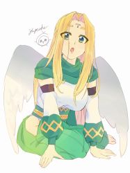 Rule 34 | 1girl, ainu clothes, angel wings, aquaplus, barefoot, blonde hair, blush, breasts, dress, eyelashes, eyes visible through hair, feathered wings, feet, full body, green eyes, green scarf, hands on ground, highres, hip vent, large breasts, large wings, leotard, leotard under clothes, long hair, looking at viewer, maguromountain, open mouth, raised eyebrows, scarf, sidelocks, signature, sitting, sleeveless, solo, taut clothes, taut leotard, thighs, toes, ulthury, utawarerumono, variations, very long hair, white leotard, wings, yokozuwari, yugeche