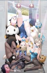 Rule 34 | 3girls, animal ears, aqua bow, aqua leotard, arcade, ass, asuna (blue archive), asuna (bunny) (blue archive), asymmetrical bangs, black leotard, blonde hair, blue archive, blue eyes, blue leotard, bow, bowtie, breasts, crane game, dark-skinned female, dark skin, detached collar, double v, fake animal ears, fake tail, feet, fishnet pantyhose, fishnets, hair over one eye, halo, hanging legs, highleg, highleg leotard, highres, karin (blue archive), karin (bunny) (blue archive), leotard, lifting person, light brown hair, long hair, looking at viewer, medium breasts, mole, mole on breast, multiple girls, mvv, official alternate costume, paid reward available, pantyhose, playboy bunny, rabbit ears, rabbit tail, smile, soles, strapless, strapless leotard, stuffed animal, stuffed toy, tail, thighband pantyhose, thighhighs, toki (blue archive), toki (bunny) (blue archive), top-down bottom-up, traditional bowtie, upside-down, v, very long hair, white thighhighs, wrist cuffs