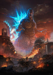 Rule 34 | 1boy, absurdres, bandages, building, claws, clock, clock tower, cloud, debris, destruction, dinosaur, embers, energy, english text, epic, fire, giant, giant monster, glowing, glowing eyes, glowing spikes, godzilla, godzilla (series), godzilla minus one, highres, kaijuu, looking at viewer, looking down, masashi toy, monster, no pupils, open mouth, overcast, power lines, real world location, rubble, sharp teeth, shikishima koichi, sign, signature, sky, smoke, spikes, tail, teeth, toho, tokyo (city), tongue, tower, wako (department store), wako clock tower, white eyes