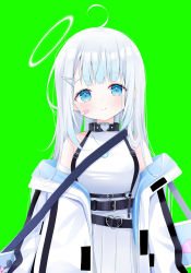 Rule 34 | 1girl, ahoge, amatsuka uto, bandaid, bandaid on cheek, bandaid on face, bare shoulders, blue eyes, blush, closed mouth, deyui, green background, hair ornament, hairclip, halo, heart, heart o-ring, highres, indie virtual youtuber, jacket, long hair, looking at viewer, o-ring, off shoulder, open clothes, open jacket, pleated skirt, shirt, silver hair, simple background, skirt, sleeveless, sleeveless shirt, smile, solo, virtual youtuber, white jacket, white shirt, white skirt