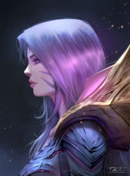 Rule 34 | 1girl, commentary, english commentary, facial mark, forehead mark, from side, highres, kai&#039;sa, league of legends, light particles, light smile, lips, long hair, looking away, portrait, profile, purple eyes, purple hair, razaras, realistic, signature, solo