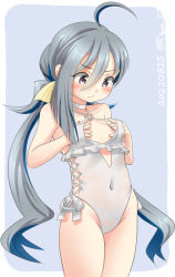 Rule 34 | 1girl, ahoge, anchor ornament, breast conscious, casual one-piece swimsuit, choker, commentary request, cosplay, covered navel, cowboy shot, criss-cross halter, flat chest, flower, frilled one-piece swimsuit, frilled swimsuit, frills, grey eyes, grey hair, hair between eyes, hair bun, hair flower, hair ornament, hairband, halterneck, hands on own chest, highleg, highleg swimsuit, kantai collection, kiyoshimo (kancolle), low twintails, one-hour drawing challenge, one-piece swimsuit, ray.s, sagiri (kancolle), sagiri (kancolle) (cosplay), side-tie swimsuit, single hair bun, solo, standing, swimsuit, twintails, white choker, white one-piece swimsuit