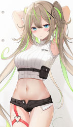 Rule 34 | 1girl, :t, armpits, arms behind head, arms up, bare shoulders, belt, belt pouch, black shorts, blue eyes, breasts, brown hair, closed mouth, cowboy shot, crop top, exposed pocket, frown, groin, hair between eyes, hair ornament, highres, icchiramen, long hair, looking at viewer, medium breasts, micro shorts, midriff, multicolored hair, navel, open fly, original, pouch, pout, ribbed shirt, shirt, shorts, sidelocks, sleeveless, sleeveless shirt, solo, stomach, strap, streaked hair, thighs, twintails, very long hair, white shirt, x hair ornament