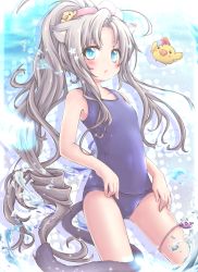 Rule 34 | 1girl, akino coto, animal ears, bad id, bad pixiv id, bird, blue eyes, cat ears, cat tail, chicken, contrapposto, cowboy shot, drill hair, flat chest, highres, looking at viewer, one-piece swimsuit, original, ponytail, resolution mismatch, school swimsuit, silver hair, solo, standing, swimsuit, tail, water