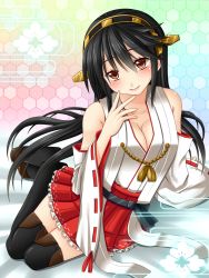 Rule 34 | 10s, 1girl, bare shoulders, black hair, black thighhighs, breasts, cleavage, detached sleeves, egasumi, hairband, hanazome dotera, haruna (kancolle), honeycomb (pattern), honeycomb background, honeycomb pattern, japanese clothes, kantai collection, long hair, looking at viewer, miko, personification, smile, solo, thighhighs