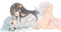 Rule 34 | 10s, 2girls, age difference, azuuru (azure0608), barefoot, black hair, blush, bottomless, breast press, breasts, chain, cuffs, dress shirt, girl on top, hair ornament, hairband, hairclip, haruna (kancolle), hibiki (kancolle), highres, holding another&#039;s wrist, jpeg artifacts, kantai collection, long hair, looking at viewer, medium breasts, multiple girls, naked shirt, shirt, simple background, top-down bottom-up, white hair, white shirt, yuri
