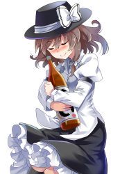 Rule 34 | 1girl, blouse, bottle, bow, brown hair, commentary request, drunk, e.o., closed eyes, eyes visible through hair, hair bow, hat, hat bow, hat ribbon, highres, long sleeves, hugging object, petticoat, puffy long sleeves, puffy sleeves, ribbon, sake bottle, shirt, short hair, simple background, skirt, skirt set, smile, solo, thighhighs, touhou, unbuttoned, usami renko, white shirt