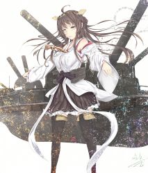 Rule 34 | &gt;:/, 10s, 1girl, :/, ahoge, black thighhighs, brown eyes, brown hair, detached sleeves, double bun, hair bun, hairband, highres, kantai collection, kongou (kancolle), long hair, looking at viewer, machinery, marumoru, nontraditional miko, pleated skirt, skirt, solo, thighhighs, turret, v-shaped eyebrows, zettai ryouiki