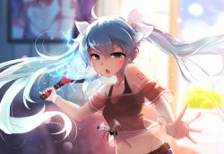 Rule 34 | 1girl, bare shoulders, blue eyes, blue hair, blurry, bug, chestnut mouth, depth of field, electricity, flyswatter, hair ribbon, hatsune miku, long hair, matching hair/eyes, midriff, navel, open mouth, qys3, racket, ribbon, see-through, shirt, solo, sweat, tennis racket, twintails, very long hair, vocaloid