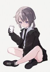 Rule 34 | 1girl, absurdres, black gloves, black jacket, black necktie, black skirt, collared shirt, cup, disposable cup, expressionless, girls&#039; frontline, gloves, grey hair, highres, holding, holding cup, jacket, looking at viewer, m200 (girls&#039; frontline), necktie, pleated skirt, purple eyes, shirt, shoes, short hair, sitting, skirt, sneakers, solo, white background, white shirt, yilubo1