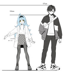 Rule 34 | 1boy, 1girl, absurdres, ahoge, blue hair, coat, full body, height chart, highres, jacket, jewelry, kise itsuki, loafers, long hair, necklace, open clothes, open coat, open jacket, open mouth, original, pantyhose, shoes, simple background, smile, sneakers, spot color, sweater, white background, yellow eyes