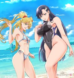 Rule 34 | 2girls, absurdres, beach, bikini, black hair, black one-piece swimsuit, blonde hair, blue bikini, blue eyes, blue sky, breasts, burn the witch, cloud, diegodraws, green eyes, hair between eyes, hair ornament, hand on own chest, highres, kerana art, large breasts, long hair, multiple girls, niihashi noel, ninny spangcole, one-piece swimsuit, open mouth, sideboob, sky, small breasts, smile, striped bikini, striped clothes, swimsuit, twintails