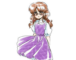 Rule 34 | 1980s (style), 1girl, :o, arms behind back, bad id, bad twitter id, bloomers, blush, brown hair, commentary request, cowboy shot, frilled shirt collar, frills, glasses, long hair, no headwear, oldschool, one-hour drawing challenge, open mouth, plaid, plaid skirt, plaid vest, puffy short sleeves, puffy sleeves, purple skirt, purple vest, retro artstyle, school uniform, shirt, short sleeves, simple background, skirt, solo, takemoto izumi (style), touhou, underwear, usami sumireko, vest, white background, white bloomers, white shirt, yatyou