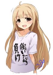 Rule 34 | 10s, 1girl, :d, alternate hairstyle, blonde hair, blush, brown eyes, clothes writing, futaba anzu, idolmaster, idolmaster cinderella girls, long hair, looking at viewer, open mouth, shift (waage), shirt, simple background, smile, solo, t-shirt, white background, you work you lose
