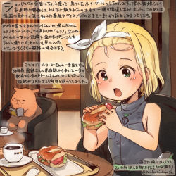 Rule 34 | 1girl, animal, blonde hair, colored pencil (medium), commentary request, dated, food, green eyes, hairband, hamster, holding, holding food, kantai collection, kirisawa juuzou, luigi torelli (kancolle), numbered, open mouth, sandwich, short hair, sleeveless, solo, traditional media, translation request, twitter username, white hairband
