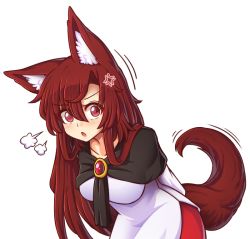 Rule 34 | 1girl, :o, puff of air, anger vein, animal ear fluff, animal ears, arms behind back, breasts, brooch, brown hair, collarbone, dress, hair between eyes, imaizumi kagerou, jewelry, large breasts, layered dress, leaning forward, long hair, long sleeves, looking at viewer, medium breasts, motion lines, open mouth, red eyes, red skirt, shawl, sidelocks, skirt, solo, standing, tail, touhou, upper body, very long hair, white dress, wolf ears, wolf tail, wool (miwol)