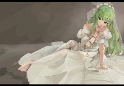 Rule 34 | 1girl, bare shoulders, blush, bridal veil, brown eyes, chinese commentary, closed mouth, covering own mouth, dress, full body, girls&#039; frontline, green hair, hand on floor, highres, letterboxed, long hair, looking at viewer, m950a (girls&#039; frontline), m950a (the warbler and the rose) (girls&#039; frontline), official alternate costume, on floor, simple background, smile, solo, south cn, veil, wedding dress, white dress