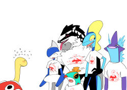Rule 34 | 5boys, ^ ^, alternate color, animal ears, animal nose, arm at side, arms at sides, bird boy, black eyes, black fur, black skin, blue fur, blue hair, blue skin, blush, body fur, character print, closed eyes, closed mouth, clothed pokemon, colored skin, cowboy shot, creatures (company), electricity, embarrassed, enden (slcn040), facing another, fangs, flat color, flying sweatdrops, from behind, furry, furry male, gallade, game freak, gen 2 pokemon, gen 4 pokemon, gen 6 pokemon, gen 8 pokemon, grey hair, hair over one eye, hand on own hip, happy, hawlucha, inteleon, lizard tail, looking at another, male focus, mohawk, multicolored hair, multicolored skin, multiple boys, nintendo, obstagoon, one eye covered, open mouth, pokemon, pokemon (creature), purple skin, reptile boy, sharp teeth, shiny pokemon, shirt, short hair, short sleeves, shuckle, simple background, sketch, skin fangs, smile, snout, standing, tail, teeth, tongue, tongue out, torn clothes, torn shirt, toxtricity, toxtricity (low key), two-tone fur, two-tone hair, two-tone skin, upper body, white background, white fur, white shirt, white skin