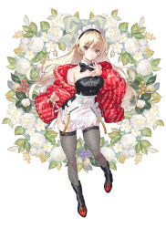 Rule 34 | 1girl, apron, bare shoulders, black bow, black bowtie, black dress, black footwear, black thighhighs, blonde hair, boots, bow, bowtie, braid, breasts, brown eyes, cleavage, coat, detached collar, down jacket, dress, fishnet thighhighs, fishnets, flower, frilled apron, frills, full body, hair between eyes, jacket, knee boots, large breasts, long hair, looking at viewer, maid, maid apron, maid headdress, off shoulder, original, red coat, saitou masatsugu, simple background, skindentation, solo, standing, text print, thighhighs, very long hair, white background