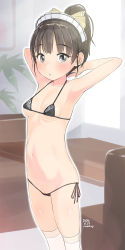 Rule 34 | 1girl, armpits, arms behind head, bare arms, bare shoulders, bikini, black bikini, black hair, blush, bow, breasts, brown bow, collarbone, couch, dated, grey eyes, hair bow, hands up, high ponytail, highres, indoors, looking at viewer, lowleg, lowleg bikini, maid, maid bikini, maid headdress, navel, original, parted lips, ponytail, pussy, pussy peek, side-tie bikini bottom, signature, small breasts, solo, swimsuit, table, thighhighs, unconventional maid, white thighhighs, window, yone kinji