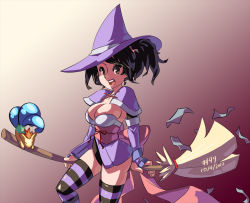 Rule 34 | 00s, 1girl, adapted costume, alternate costume, black hair, bow, breasts, broom, brown eyes, cleavage, corrine, dated, drawfag, fox, fujibayashi sheena, halloween, hat, junkpuyo, large breasts, long hair, ofuda, open mouth, ponytail, ribbon, smile, solo, striped clothes, striped thighhighs, tales of (series), tales of symphonia, thighhighs, witch, witch hat, zettai ryouiki