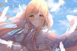 Rule 34 | 1girl, asuna (sao), bad id, bad pixiv id, blonde hair, blue sky, blush, breasts, brown eyes, cleavage, closed mouth, cloud, detached collar, feathered wings, feathers, floating hair, hair between eyes, long hair, looking at viewer, medium breasts, shiny skin, sky, solo, sword art online, upper body, very long hair, white feathers, white wings, wings