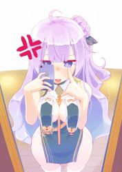 Rule 34 | 1girl, ahoge, akanbe, anger vein, azur lane, bare arms, between breasts, breast curtains, breasts, commentary request, cosplay, eyelid pull, finger to eye, garter straps, hair bun, highres, holding, holding phone, hujikok, jewelry, long hair, medium breasts, mirror, neckwear between breasts, pelvic curtain, phone, purple eyes, purple hair, reflection, revealing clothes, ring, selfie, side bun, single hair bun, single side bun, sirius (azur lane), sirius (azur lane) (cosplay), sirius (azure horizons) (azur lane), sleeveless, solo, standing, thighhighs, tongue, tongue out, unicorn (azur lane), white thighhighs, wide hips