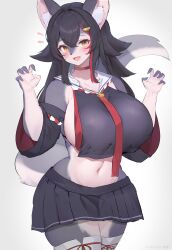 Rule 34 | 1girl, absurdres, animal ear fluff, animal ears, animal nose, black hair, black shirt, black skirt, black sleeves, blush, breasts, choker, claw pose, crop top, detached sleeves, fang, furry, furry female, grey fur, grey tail, hair flaps, hair ornament, hairclip, highres, hololive, huge breasts, kyuuri24, long hair, looking at viewer, midriff, miniskirt, multicolored hair, navel, ookami mio, ookami mio (1st costume), open mouth, pleated skirt, red choker, red hair, red shirt, rope, sailor collar, shimenawa, shirt, sideboob, sideless shirt, simple background, skirt, smile, solo, stomach, streaked hair, tail, thighhighs, virtual youtuber, white background, white fur, white sailor collar, white thighhighs, wolf ears, wolf girl, wolf tail, yellow eyes, zettai ryouiki