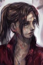Rule 34 | 1girl, blue eyes, brown hair, capcom, claire redfield, denim, hungry clicker, jewelry, long hair, necklace, ponytail, resident evil, resident evil 2, resident evil 2 (remake), solo