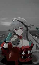 Rule 34 | 1girl, :|, absurdres, angelfish, aqua gloves, arknights, ascot, black ascot, breasts, closed mouth, clothing cutout, detached sleeves, dot nose, dress, expressionless, eyebrows hidden by hair, fish, flat color, gloves, grey hair, hair ornament, hair stick, hand to head, highres, infection monitor (arknights), long hair, looking at viewer, medium breasts, navel cutout, ocean, off-shoulder dress, off shoulder, official alternate costume, outdoors, partially colored, partially submerged, red dress, red eyes, skadi (arknights), skadi the corrupting heart (arknights), solo, vier122, water