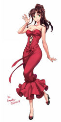 Rule 34 | 1girl, bare arms, bare shoulders, black footwear, breasts, cleavage, closed mouth, commentary, dress, english commentary, green eyes, hand up, high heels, highres, large breasts, long dress, long hair, looking at viewer, oopartz yang, original, ponytail, red dress, simple background, smile, solo, white background