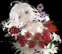 Rule 34 | 1girl, black background, blood, blood from mouth, blood on face, breasts, dress, empty eyes, floating hair, flower, glitch, grey eyes, highres, long hair, looking at viewer, mole, mole on breast, mole under eye, mole under mouth, narue, original, parted lips, purple flower, simple background, solo, white dress, white flower, white hair