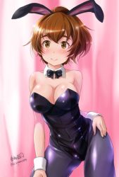 Rule 34 | 10s, 1girl, animal ears, artist name, black bow, black bowtie, black leotard, black pantyhose, bow, bowtie, breasts, brown eyes, brown hair, cleavage, closed mouth, contrapposto, cowboy shot, detached collar, fake animal ears, fake tail, girls und panzer, hand on own hip, haruhata mutsuki, koyama yuzu, large breasts, leotard, looking at viewer, pantyhose, playboy bunny, rabbit ears, rabbit tail, short hair, short ponytail, signature, smile, solo, standing, strapless, strapless leotard, tail, twitter username