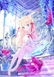 Rule 34 | 1girl, :o, animal, animal ear fluff, animal ears, bare shoulders, barefoot, blonde hair, blue eyes, blue flower, blush, bow, braid, cat ears, collarbone, commentary, day, dress, fish, flower, flower pot, full body, hair bow, highres, hydrokinesis, indoors, long hair, looking at viewer, off-shoulder dress, off shoulder, original, parted lips, peas (peas0125), plant, potted plant, red bow, revision, solo, stuffed animal, stuffed rabbit, stuffed toy, vase, very long hair, water, white dress, window