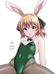 Rule 34 | 1girl, animal ears, bare shoulders, blush, breasts, cameltoe, cleavage, detached collar, fake animal ears, fishnets, green eyes, hachijou (kancolle), hair ribbon, kantai collection, leotard, looking at viewer, navel, rabbit ears, ribbon, short hair, small breasts, thick thighs, thighs, tk8d32, wrist cuffs