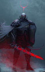 Rule 34 | 1boy, armor, artist name, berserk, black cape, bone, cape, commentary, deviantart username, english commentary, facebook username, gauntlets, glowing, glowing eye, highres, holding, holding sword, holding weapon, knight, red eyes, skeleton, skull, skull knight (berserk), solo, spiked armor, spiked skull, sword, sword of resonance, thefearmaster, thorns, undead, weapon