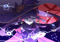 Rule 34 | 1girl, aqua eyes, arms up, bad id, bad pixiv id, black ribbon, cape, constellation, crescent, crescent pin, detached sleeves, genshin impact, gloves, glowing, hair between eyes, hair ribbon, hat, hat ornament, highres, komadera, long hair, long sleeves, looking at viewer, mona (genshin impact), pale skin, parted lips, pink cape, purple gloves, purple hair, purple hat, ribbon, signature, sky, smile, solo, space, star (sky), starry sky, twintails, upper body, v-shaped eyebrows, witch hat, x arms