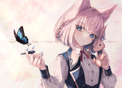 Rule 34 | 1girl, amane utata, animal ears, blue eyes, bug, butterfly, head tilt, highres, insect, looking at viewer, nail polish, original, parted lips, pen, shirt, uniform, white shirt