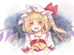 Rule 34 | 1girl, ascot, blonde hair, crying, crying with eyes open, crystal wings, fang, flandre scarlet, hat, hat ribbon, medium hair, mob cap, open mouth, red eyes, red ribbon, ribbon, side ponytail, solo, sorani (kaeru0768), tears, touhou, upper body, yellow ascot