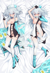 Rule 34 | 1girl, armpits, bed sheet, blush, breasts, breasts out, clothing aside, condom, condom in mouth, cum, dakimakura (medium), dasoey, feet, female focus, from above, full body, girls&#039; frontline, girls&#039; frontline neural cloud, grey hair, hat, heels, intravenous drip, long hair, medium breasts, mouth hold, nurse, nurse cap, one eye closed, pa-15 (girls&#039; frontline), panties, panties aside, pantyhose, pill on tongue, pyramid (geometry), serum, sheet, shoes, spiked hair, syringe, twintails, underwear, undressing, used condom, white pantyhose