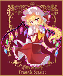 Rule 34 | 1girl, ascot, blonde hair, character name, cropped legs, crystal, finger to mouth, flandre scarlet, flower, frilled skirt, frills, hat, hat ribbon, highres, index finger raised, konnoinari, long hair, looking at viewer, mob cap, one side up, outline, pink outline, puffy short sleeves, puffy sleeves, red background, red eyes, red ribbon, red skirt, red vest, ribbon, rose, shirt, short sleeves, skirt, solo, touhou, typo, vest, white hat, white shirt, wings, wrist cuffs, yellow ascot