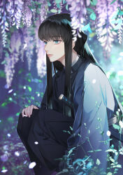 Rule 34 | 1boy, absurdres, backlighting, bishounen, black hair, black hakama, blue eyes, blurry, buttons, closed mouth, commentary, demon slayer uniform, depth of field, expressionless, flower, from side, hakama, hand on own knee, high collar, highres, japanese clothes, katana, kimetsu no yaiba, light particles, lips, long hair, long sleeves, male focus, nolang, nose, outdoors, profile, sheath, sheathed, sidelocks, solo, squatting, sword, symbol-only commentary, tokitou yuichirou, vegetation, weapon, wide sleeves, wisteria