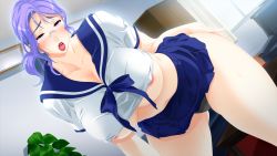 Rule 34 | 1girl, areola slip, blush, breasts, cleavage, curvy, daimon naoko, empty eyes, game cg, glasses, huge breasts, kyonyuu hitozuma onna kyoushi saimin, leaning forward, long hair, looking at viewer, lune (company), mind control, navel, no bra, open mouth, principal, purple eyes, purple hair, school uniform, skyhouse, solo, standing, teacher, thick thighs, thighs, underboob, wide hips