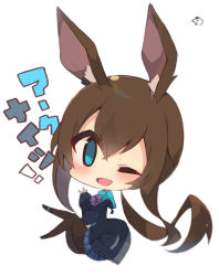 Rule 34 | 1girl, ;d, amiya (arknights), animal ear fluff, animal ears, arknights, black jacket, blue eyes, blue skirt, blush, brown hair, brown pantyhose, chibi, commentary request, full body, hair between eyes, highres, jacket, jewelry, long hair, long sleeves, looking at viewer, muuran, one eye closed, open clothes, open jacket, open mouth, pantyhose, pleated skirt, ponytail, puffy long sleeves, puffy sleeves, purple neckwear, rabbit ears, ring, simple background, skirt, sleeves past wrists, smile, solo, translation request, very long hair, white background