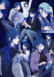 Rule 34 | 1girl, absurdres, black headwear, black jacket, blue eyes, blue hair, blue pants, blue theme, cabbie hat, closed mouth, cup, denim, disposable cup, hat, highres, holding, holding cup, hoshino ichika (project sekai), jacket, jeans, long hair, long sleeves, looking at viewer, low ponytail, multiple views, pants, project sekai, shirt, sitting, smile, szztzzs, white shirt