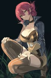 Rule 34 | 1girl, black background, boots, breasts, buri (retty9349), cleavage cutout, clothing cutout, commentary, commission, corrupted twitter file, eiyuu densetsu, english commentary, grass, hair between eyes, hair bun, highres, jacket, kneeling, large breasts, looking at viewer, red hair, sara valestein, sen no kiseki, simple background, solo, thighhighs, yellow eyes