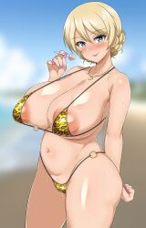 Rule 34 | 1girl, :p, absurdres, animal print, areola slip, bikini, blonde hair, blue eyes, blush, braid, breasts, candy, cleavage, darjeeling (girls und panzer), earrings, food, girls und panzer, highres, jewelry, large areolae, large breasts, leopard print, lollipop, looking at viewer, micro bikini, naughty face, navel, necklace, pink nails, pussy juice, saliva, saliva trail, short hair, smile, solo, sweat, swimsuit, tavor (m tavor), tongue, tongue out