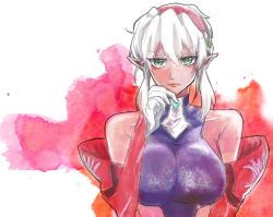 Rule 34 | 1girl, blouse, breasts, closed mouth, dark-skinned female, dark skin, detached sleeves, dominia yizkor, green eyes, hairband, hand on own chin, looking at viewer, pointy ears, shirt, short hair, silver hair, simple background, sleeveless, sleeveless shirt, solo, xenogears