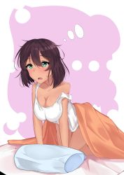 Rule 34 | 1girl, all fours, blanket, blush, breasts, brown hair, cleavage, commentary, dark-skinned female, dark skin, futon, girls und panzer, green eyes, highres, hoshino (girls und panzer), kshimu, medium breasts, no pants, open mouth, pillow, saliva, shirt, short hair, sleepy, solo, strap slip, tank top, under covers, white shirt